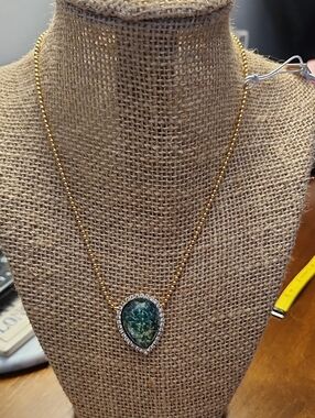 Gold-Tone Teardrop Necklace with Emerald-Green Stone and Crystal Halo